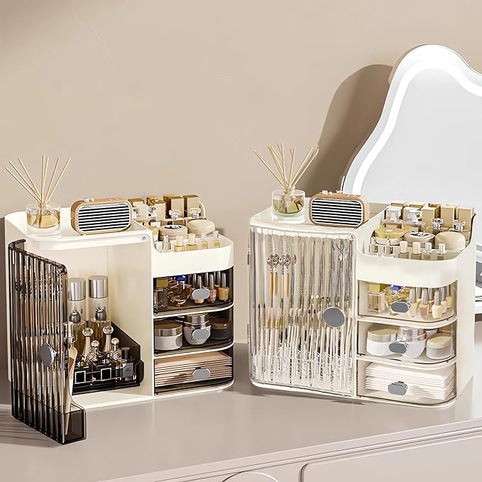 DASITON Makeup Organizer for Vanity,Large Capacity Makeup Storage Organizer with 3-Layer Drawers and Mirror,Cosmetics Display Case Make up Organizers for Vanity,Bedroom,Countertop(Black-Cream)