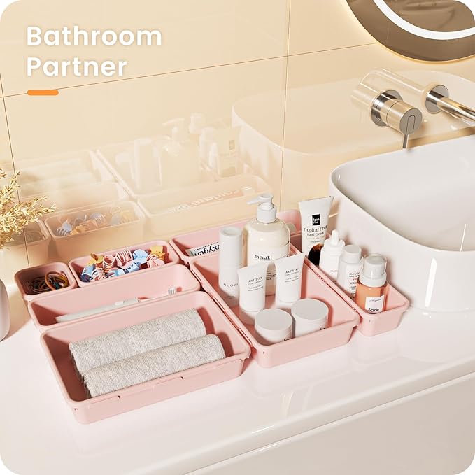 A-LuGei 【28PCS】 Drawer Organizer, Bathroom Organizers and Storage, Makeup organizer, Desk drawer organizer, Storage Bins for Kitchen Office Bedroom Vanity Jewelry Pantry Garage【Pink】【4Size】-NeatNest