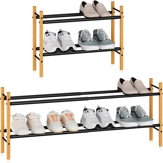 STORAGE MANIAC Expandable Shoe Rack, 8 Pairs Stackable Small Shoe Rack, Metal Adjustable Shoes Organizer for Closet, Entryway, Hallway, Garage, Front Door, Shoes Shelves, Bamboo 2 Tier-NeatNest