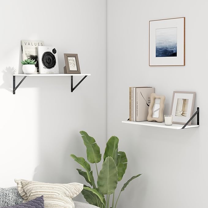 Fun Memories Deep Floating Shelves for Wall, 24W x 8D Wall Mounted Shelves Set of 2, Wide Display Ledge Shelf with Sturdy Metal Brackets for Living Room, Bathroom, Bedroom and Kitchen, White-NeatNest