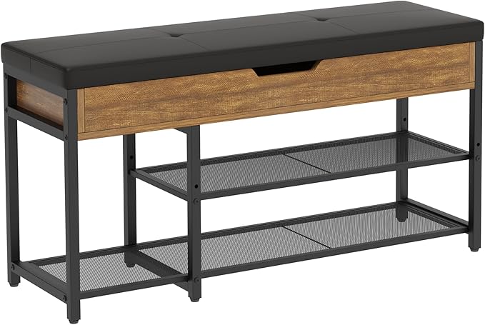 Shoe Rack Bench with Upholstered Cushion, Shoe Storage Bench with Adjustable Shelf and Hidden Storage Compartment for Hallway Entryway Living Room Rustic Brown (2-Tier)-NeatNest