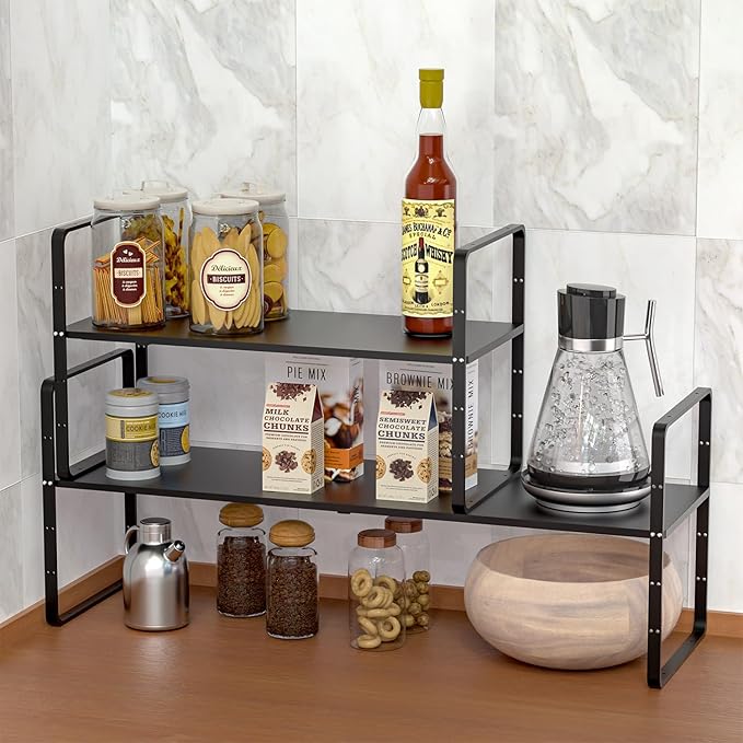 Expandable Kitchen Cabinet Shelf Organizers, Stackable Metal Pantry Storage Shelves Rack, Adjustable Counter Spice Shelf for Cabinets, Countertop, Cupboard Organizers and Storage, Black-NeatNest