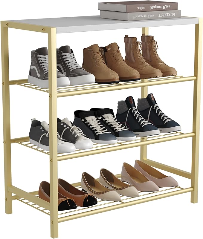 HOMEFORT 4-Tier Shoe Rack, Shoe Storage Shelf, Industrial Shoe Tower, Narrow Shoe Organizer for Closet Entryway, Small Shoe Rack Table with Durable Metal Shelves, Gold-NeatNest