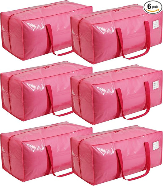 6 Pack Extra Heavy Duty Large Moving Bags with Comfortable Handle & Strong Zipper,Storage Totes for Space Saving Moving Storage College Supplies Alternative to Moving Box,Pink