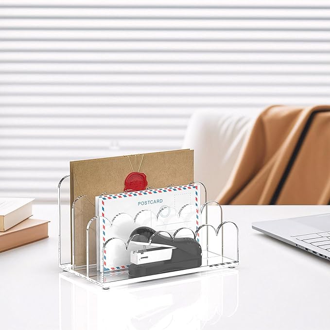 YAGELI 2 Pack 3-Slot Acrylic Mail Organizer for Desktop – Scalloped Clear Document Sorter, Vertical File Holder for Office/Home, Space-Saving Desk Organizer for Letters,Envelope,Bills,Stationery