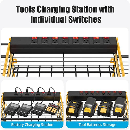 CCCEI Yellow Power Tool Organizer Wall Mount, Large Tools and Battery Storage Rack Charging Station Individual Switches. Drills Holder, Garage Utility Shelves with 6FT Power Strip. Gift for Men.-NeatNest