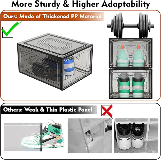 6 Pack Thicken Shoe Organizer Stackable,Upgraded Sturdy Shoe Storage Box with Magnetic Door,Shoe Containers For Sneaker Display,Hat Organizer,Black-NeatNest