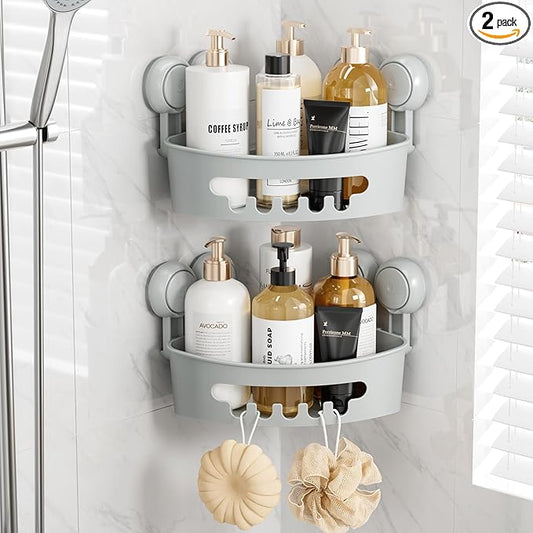 TAILI Suction Corner Shower Caddy, Bathroom Shower Shelf Storage Basket Wall Mounted Organizer for Shampoo, Conditioner, Plastic Rack for Kitchen & Bathroom, Drill-Free Removable (2 Pack)-Grey