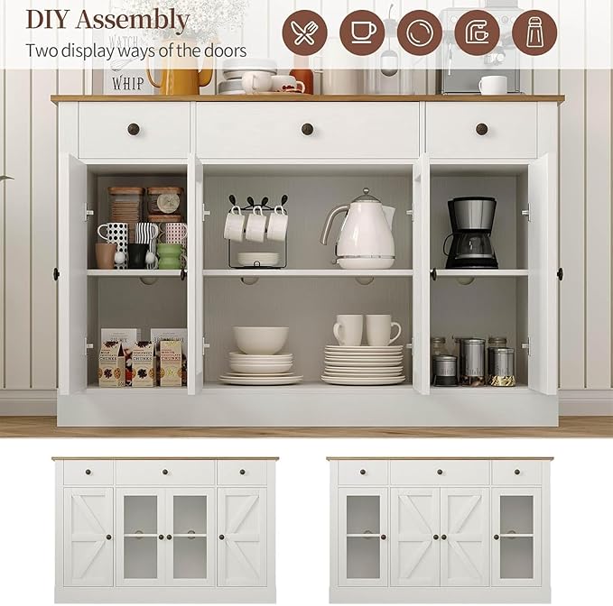 4 EVER WINNER Buffet Cabinet with Storage, 55" Farmhouse Sideboard Buffet Cabinets with Drawers and Glass Doors, Coffee Bar Cabinet for Kitchen, Living Room, White-NeatNest
