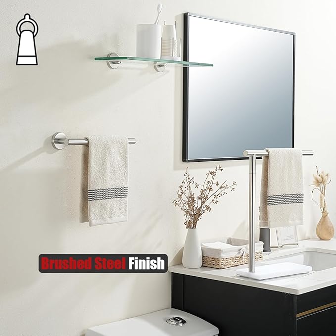 JQK Hand Towel Holder Towel Ring, 10 Inch Thicken 0.8mm 304 Stainless Steel Bathroom Hand Towel Bar, 9 Inch Useable Length Wall Mount Towel Rack Hanger, Brushed Steel, THH110L9-BN