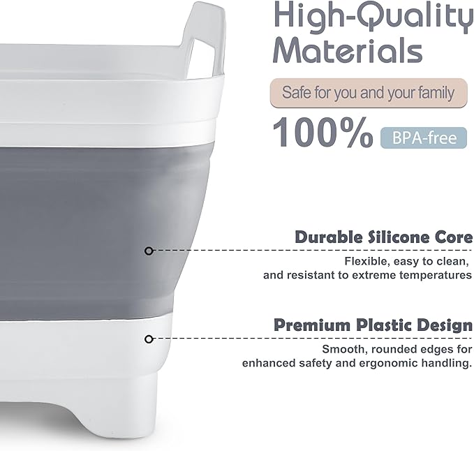 2.4 Gal(9L) Collapsible Dish Basin with Drain Plug, Space Saving Outdoor Multiuse Foldable Sink Tub, Dishpan, Kitchen Storage Tray for Camping, Vegetable Washing, RV (Gray)-NeatNest