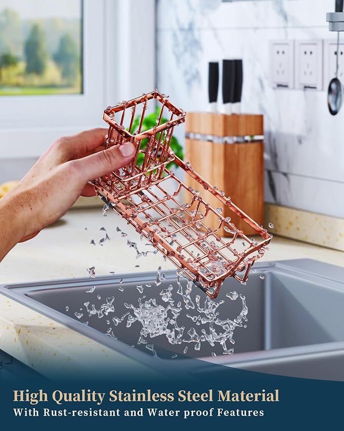 Consumest Sponge Holder for Kitchen Sink - Sink Caddy Kitchen Organizer with Removable Drip Tray for Countertop Dish Soap Dispenser Brush Storage Accessories 304 Stainless Steel, Rose Gold-NeatNest