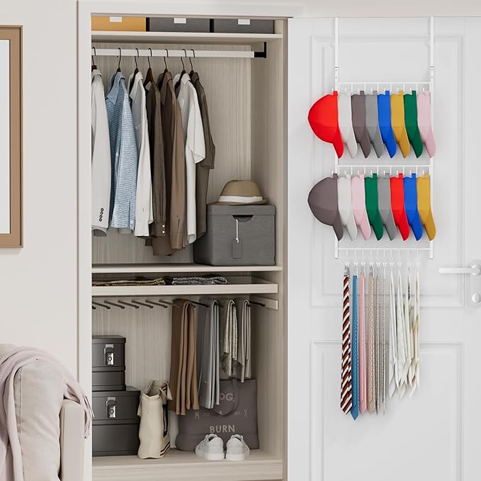 Consumest Over Door Hat Organizer - 3 Tier Wall Mounted Hat Rack with 16 Hooks and 10 Movable Clips, Hanging Baseball Cap Storage Holds up to 26 Caps for Door, Bedroom, Closet USPTO Patent Pending-NeatNest