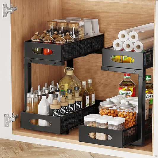 Under Sink Organizer, 2-Tier Put Out Cabinet Organizer, Adjustable Rust Proof Under Sink Organizers and Storage, Kitchen Undersink Organizers for Kitchen, Bathroom, Cabinet, Counter, 2 Pack, Black-NeatNest