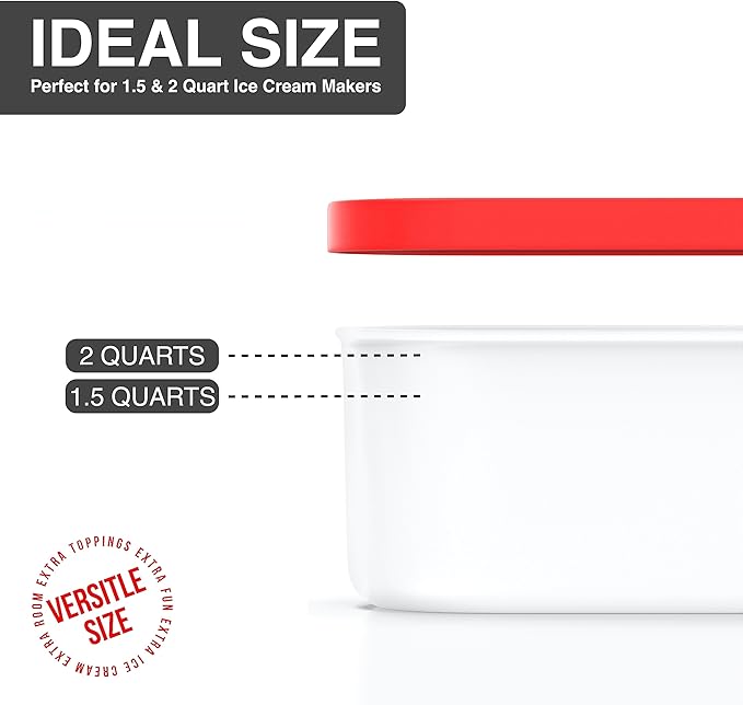 BALCI - Ice Cream Container - 2 Quart - Perfect Reusable Freezer Storage for Homemade Ice Cream Tubs for Sorbet, Frozen Yogurt and Gelato! - Flexible Silicone Lids, Long Scoop, Stackable - Red