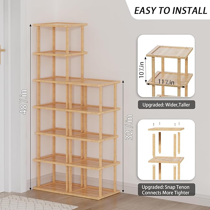 Vertical Tall Shoe Rack Organizer for Entryway -12 Tier Free Standing Slim Narrow Bamboo Wood Corner Stackable Shoe Boots Storage Stand Small Spaces for Closet Garage Cloakroom Living Room (Nature)-NeatNest