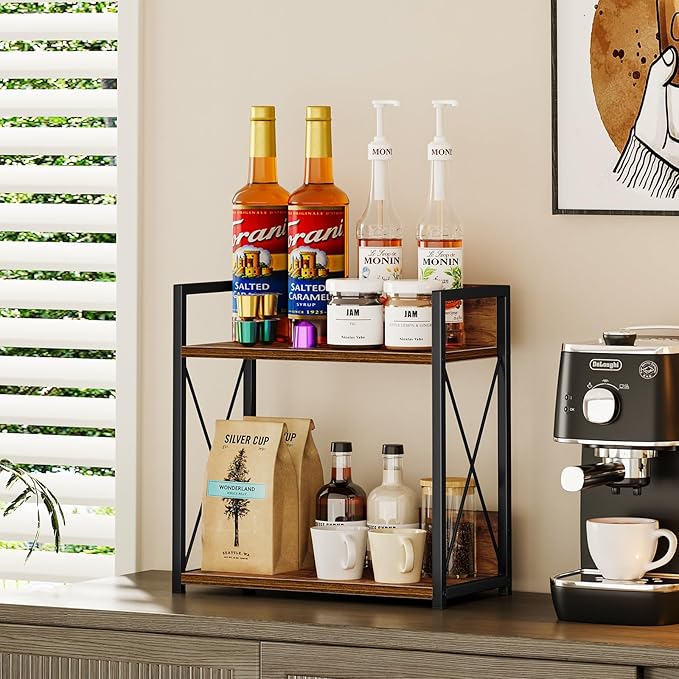 Giikin Kitchen Counter Shelf, Kitchen Countertop Organizer, 2 Tier Spice Rack for Counter, Wood Coffee Bar Organizer for Coffee Station (Brown, L)-NeatNest