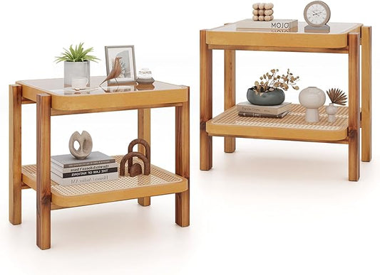 Giantex Rattan Side Tables Set of 2, Boho End Tables for Living Room, Narrow Bedside Tables with Tempered Glass Top, Wood Accent Tables with Storage Shelf, 2-Tier Nightstands for Bedroom Small Spaces