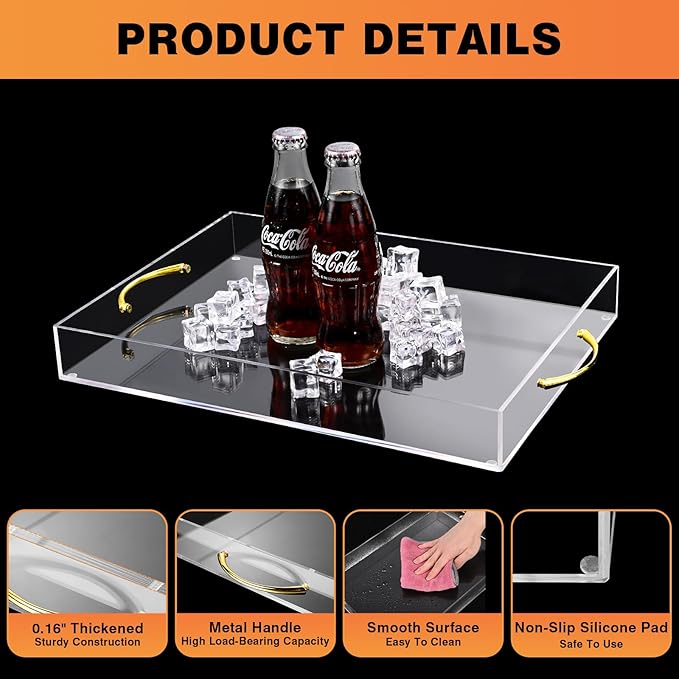 Acrylic Serving Tray with Gold Handles 2 Pcs, Clear Acrylic Tray for Coffee Table Countertop Serving Food, Large Capacity, 16"x12" & 15.2"x11.2"