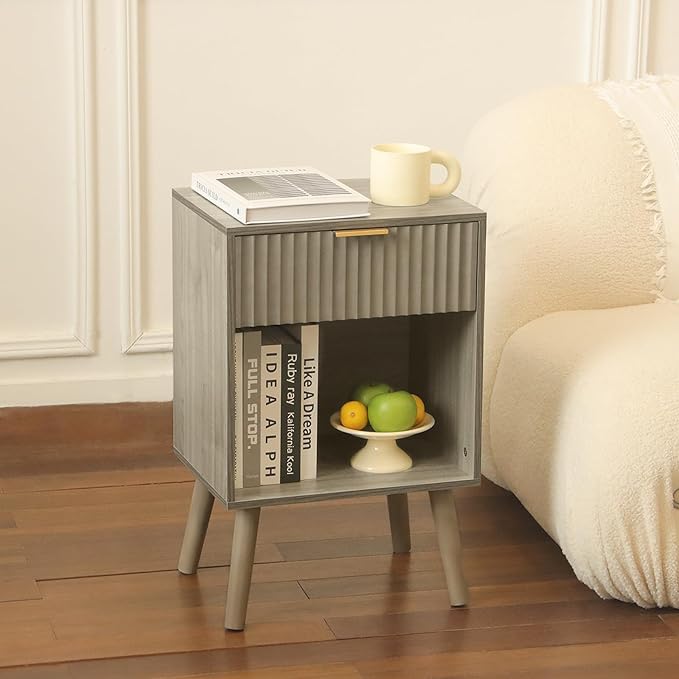 Grey Wood Nightstand with Charging Station, Modern Bedside Table with Fluted Drawers and Storage Shelf, End Side Tables Living Room for Bedroom, Office (Grey)