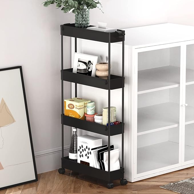 SPACELEAD Slim Storage Cart 4 Tier,Bathroom Organizer Rolling Utility,Mobile Shelving Unit Slide Out for Office, Kitchen, Laundry Room & Narrow Places,Black-NeatNest