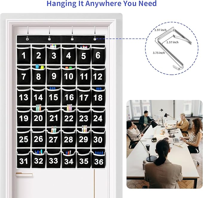 36 Pockets Black Numbered Classroom Pocket Chart for Cell Phones, Hanging Pocket Chart Storage for Classroom Phone Calculator Holder with 4 Hooks (Black-36pockets)-NeatNest