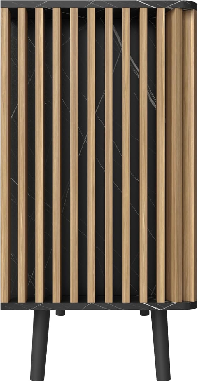 Fluted Storage Cabinet, Modern Marble Texture Accent Buffet Cabinet with Fluted Wood Strips, Side Cabinets with 2 Doors & Adjustable Partitions for Kitchen, Living Room, Black