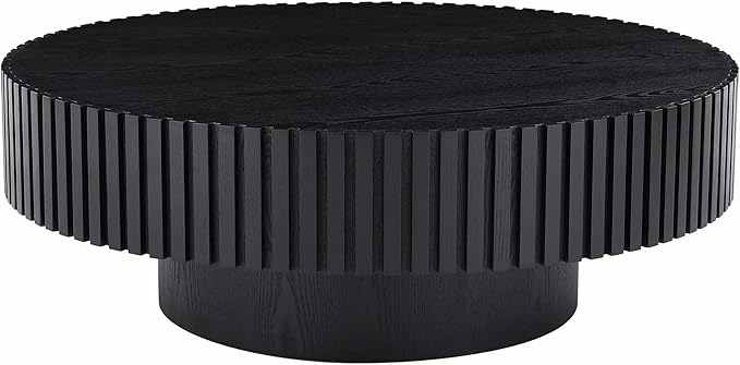 kevinplus 39.37'' Black Round Coffee Table for Living Room, Modern Wood Contemporary Circle Fluted Drum Style, Easy Assembly, Black (ø39.37'' x 13.42'')