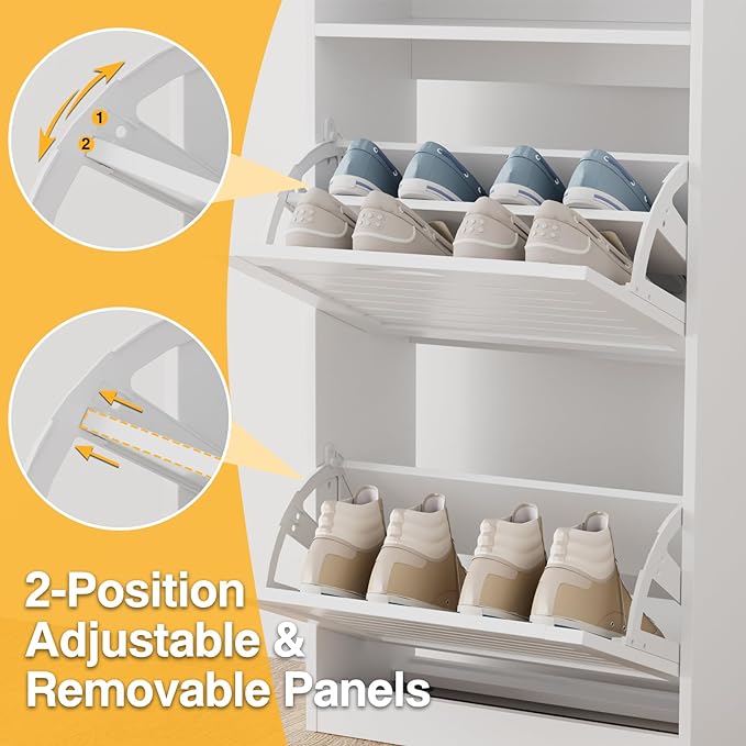 Shoe Storage Cabinet with 2 Flip Drawers & Top Cubby, Shoe Cabinet for Entryway Slim, Free Standing Shoe Rack Cabinet, Narrow Shoe Organizer for Entryway, Hallway, White-NeatNest