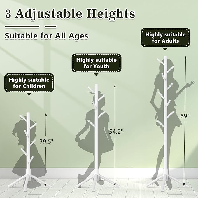 2 Pack Coat Rack, Solid Wood Coat Rack Freestanding with 8 Hooks & 3 Adjustable Heights, Simple Assembly Coat Tree for Hats, Bags, Wooden Coat Hanger Stand for Bedroom, Entryway, Office-NeatNest