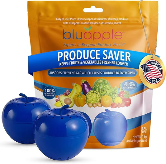 Bluapple Produce Saver Ethylene Gas Absorber 2-Pack - Keeps Fruits & Vegetables Fresh Longer in Refrigerator Crisper, Shelves, & Fruit Bowls, Lasts up to 3 Months, Produce Storage, BPA Free, USA Made-NeatNest