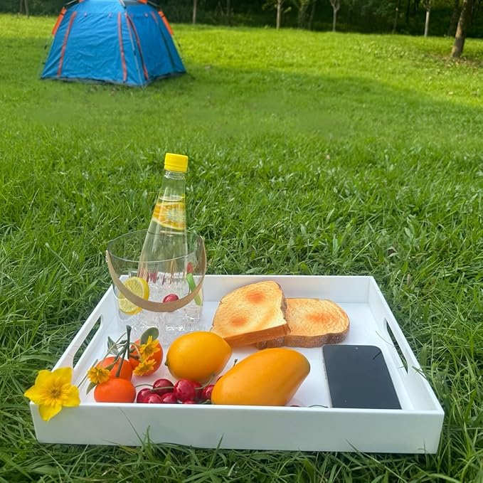 Glossy White Acrylic Serving Tray, 12x16Inch, Sturdy Kitchen Countertop Organizer, Decorative Vanity Table Tray, Ottoman Tray, 3/16 inch Thickness-NeatNest