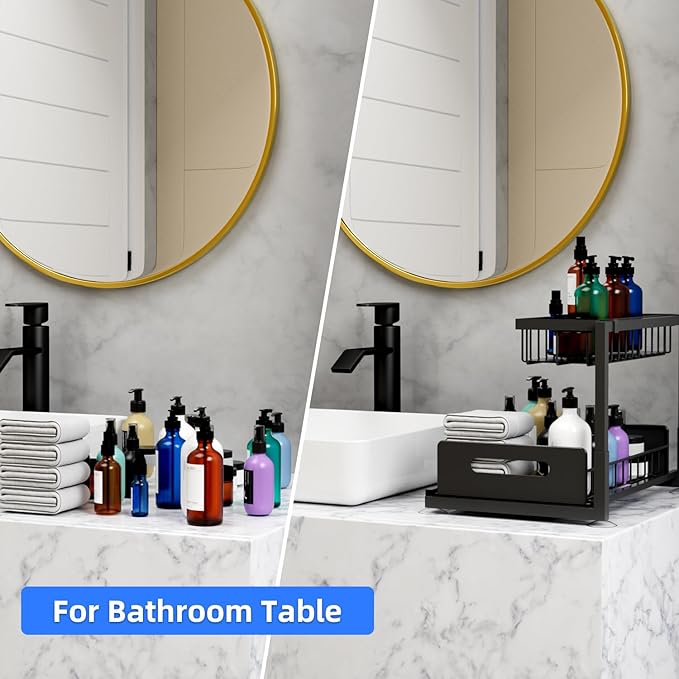 2-Tier Under Sink Slide Out Organizer, Pull Out Cabinet Storage Shelf with Sliding Wire Basket Drawer for Bathroom Kitchen, Countertop or Pantry Shelf, Black-NeatNest