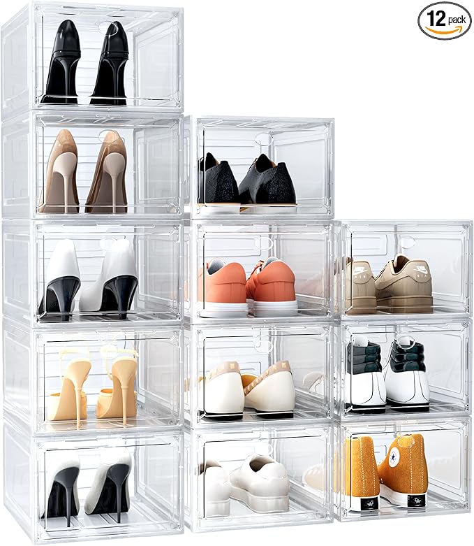 12 Pack Upgrade Harder Solid Plastic Shoe Organizer, Shoe Boxes Clear Stackable, Sneaker Storage for Closet, Shoe Display Case-NeatNest