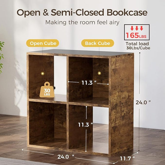 COMHOMA 4 Wood Cube Storage Organizer with Open Back and Removable Back Panels, 11In Brown Cube Storage Bookshelf, Cubicle Shelf Bookcase for Home Office Bedroom Living Room, Vertical or Horizontal-NeatNest