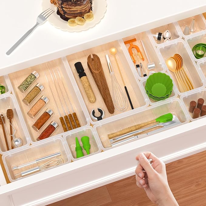 27 PCS Clear Plastic Drawer Organizers Set, 4-Size Versatile Bathroom and Vanity Drawer Organizer Trays, Storage Bins for Makeup, Bedroom, Kitchen Gadgets Utensils and Office-NeatNest