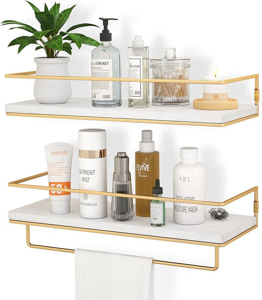 ZGO Floating Shelves White, Wall Mounted Storage Shelves with Golden Towel Rack for Bathroom, Kitchen, Bedroom, Set of 2 (White)