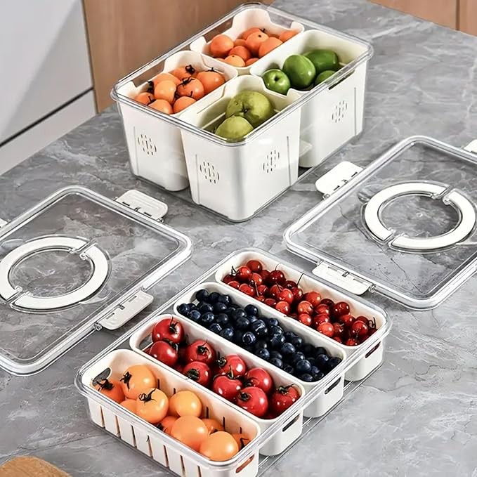 4 Compartment Food Storage Containers, Refrigerator Storage Box Dishwasher Plastic Reusable Divided Food Storage Boxes