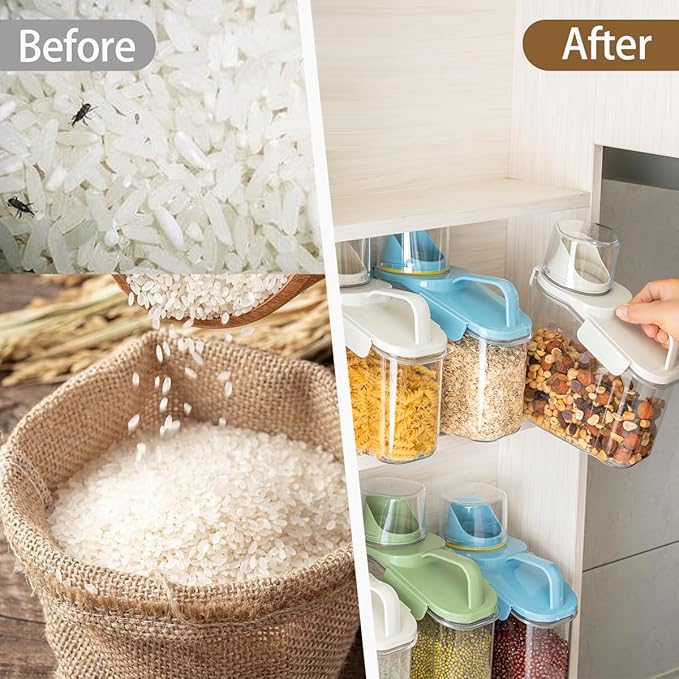 2 PCS Cereal Storage Containers, 1.5L/51oz Dry Food Rice Holder, Pet Dog Cat Food Dispenser with Measuring Cup, BPA Free Clear Plastic Kitchen Pantry Organization Bin, 1 Blue+1 White-NeatNest
