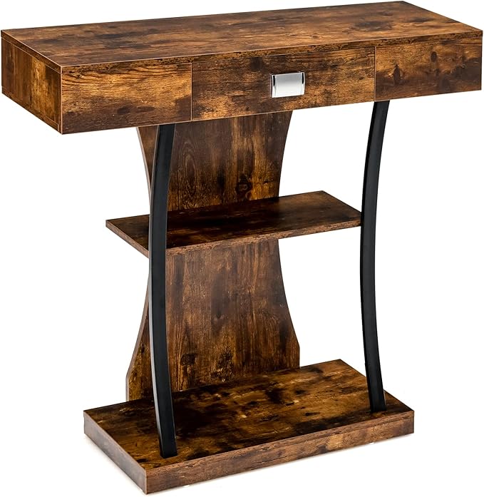Giantex Narrow Console Table T-Shaped - Behind Couch Table with Drawer, Shelves, Dual Anti-Tipping Kits, Modern Foyer Table, Sofa Side Table for Living Room, Entryway, Hallway, Entry Table (Brown)-NeatNest