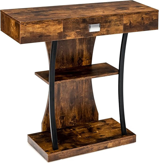 Giantex Narrow Console Table T-Shaped - Behind Couch Table with Drawer, Shelves, Dual Anti-Tipping Kits, Modern Foyer Table, Sofa Side Table for Living Room, Entryway, Hallway, Entry Table (Brown)-NeatNest