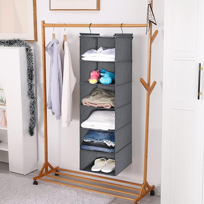 MAX Houser 6 Tier Shelf Hanging Closet Organizer, Closet Hanging Shelf with 2 Sturdy Hooks for Storage,2 Pack, Foldable (Grey)-NeatNest
