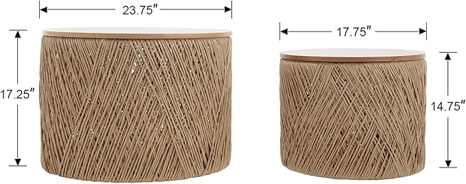 chairus Nesting Coffee Table Set of 2 Woven Round Coffee Table with Storage Solid Wood Side Table for Small Spaces, Living Room, Bedroom, Office, Natural-NeatNest