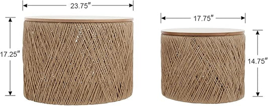 chairus Nesting Coffee Table Set of 2 Woven Round Coffee Table with Storage Solid Wood Side Table for Small Spaces, Living Room, Bedroom, Office, Natural-NeatNest