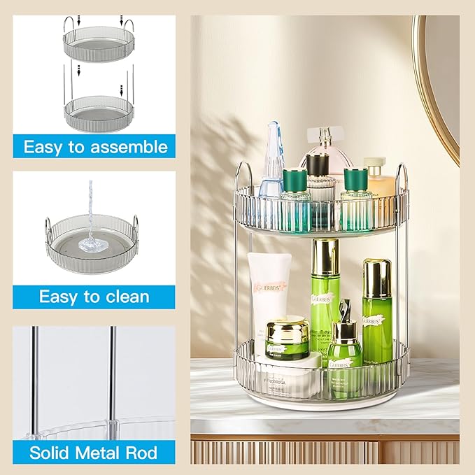 360 Rotating Makeup Organizer, 2 Tier Lazy Susan Bathroom Organizer, Easy to Install, Ideal Storage for Perfume, Skincare, Cosmetic, Dresser or Vanity Countertop (Classic Grey, 2 Tier)-NeatNest