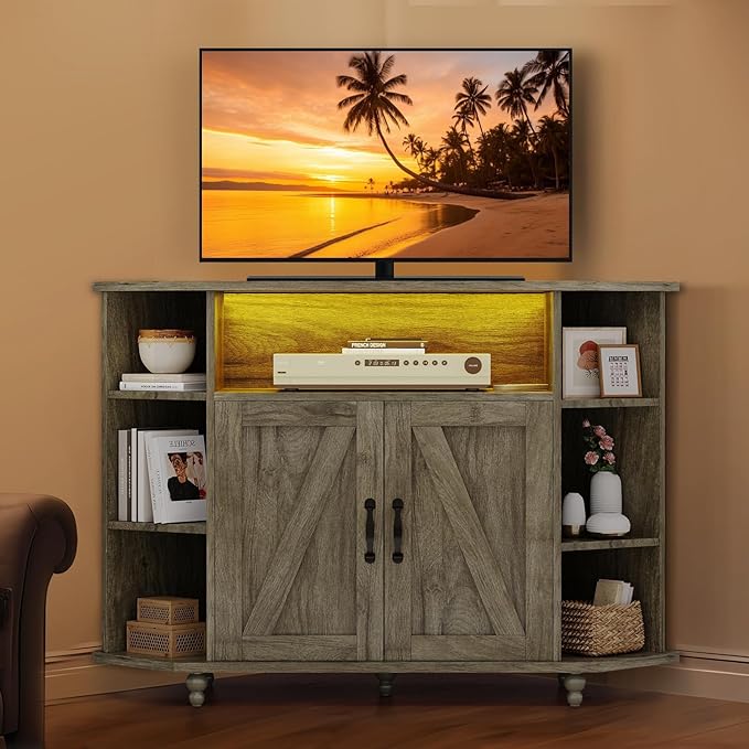 4 EVER WINNER Corner TV Stand for 50 Inch TV, Farmhouse Corner Entertainment Center with Led Light, Open Storage, Adjustable Shelves, TV Cabinets for Living Room, Bedroom, Grey-NeatNest