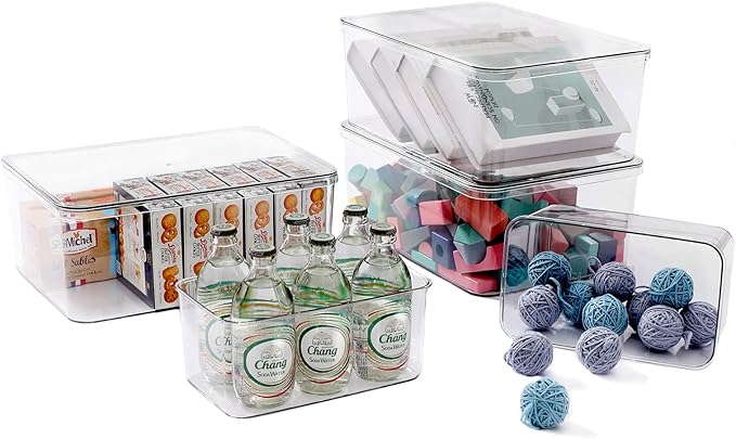 Clear Storage Bins With Lids,5 Packs Food Storage Organizer,Cabinet Storage Basket for Clothing, Towels, Cosmetics, Kitchen Storage Containers,Transparent Pantry Containers (3L+2S)-NeatNest