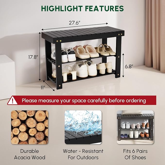 BEEFURNI Acacia Shoe Rack Bench, 3-Tier Sturdy Shoe Storage Bench, Wooden Footwear Organizer for Boots, 300 LBS Load Capacity, Perfect for Closet Entryway Bathroom, 1-Year Manufacturer Warranty, Black-NeatNest