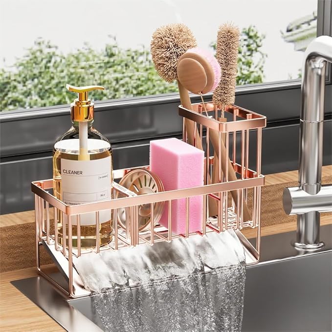 Cisily Sink Caddy Organzier with High Brush Holder, Sponge Holder for Sink, 304 Rustproof Stainless, Kitchen Countertop Soap Dispenser Organizer, Rose Gold Kitchen Decor and Accessories-NeatNest