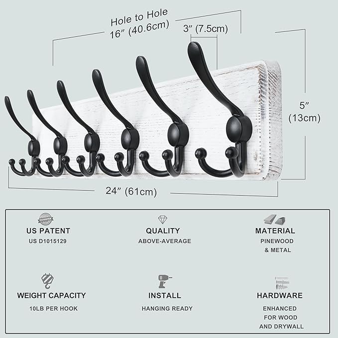 Dseap Coat Rack Wall Mounted - 24" Long 6 Tri Hooks, Heavy Duty Wooden Wall Coat Hanger Coat Hook for Clothes Hat Jacket Clothing, White and Black